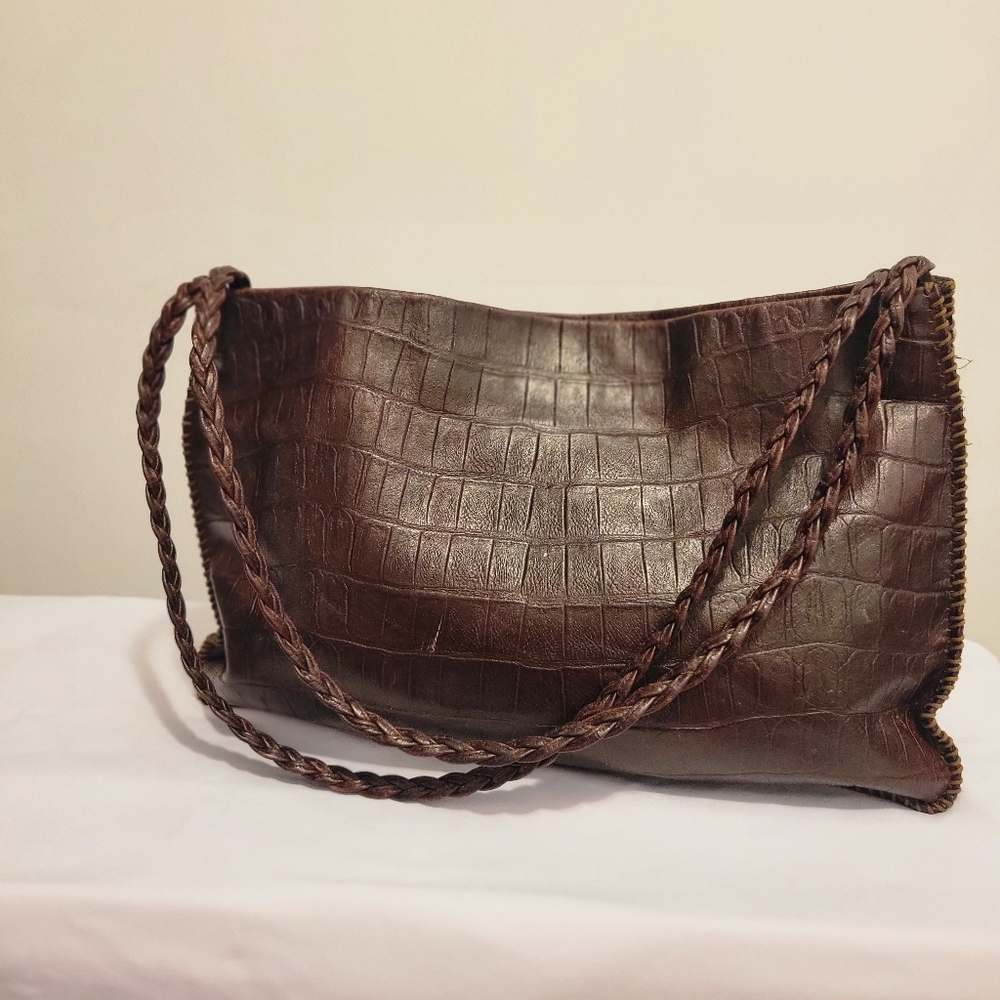 Falor Le Borse Croc Embossed Woven  Leather Shoulder Bag in Deep Brown Espresso